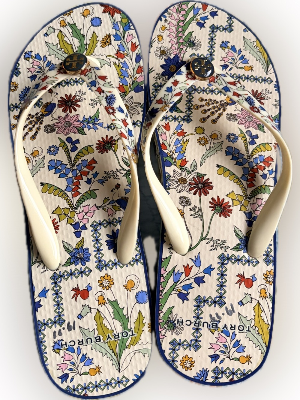 Tory Burch Cream Floral Print Flip Flops with Multicolor Accents